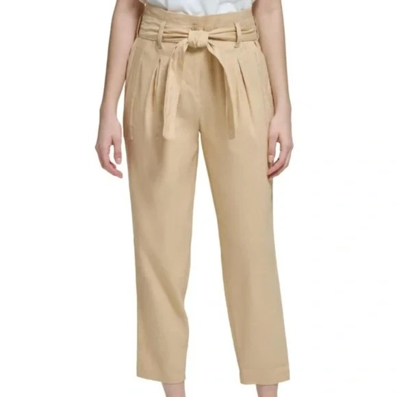 NWT Calvin Klein High Rise Tie Waist Paperbag Trouser Pant Beige Neutral Size 16 - Picture 2 of 5
